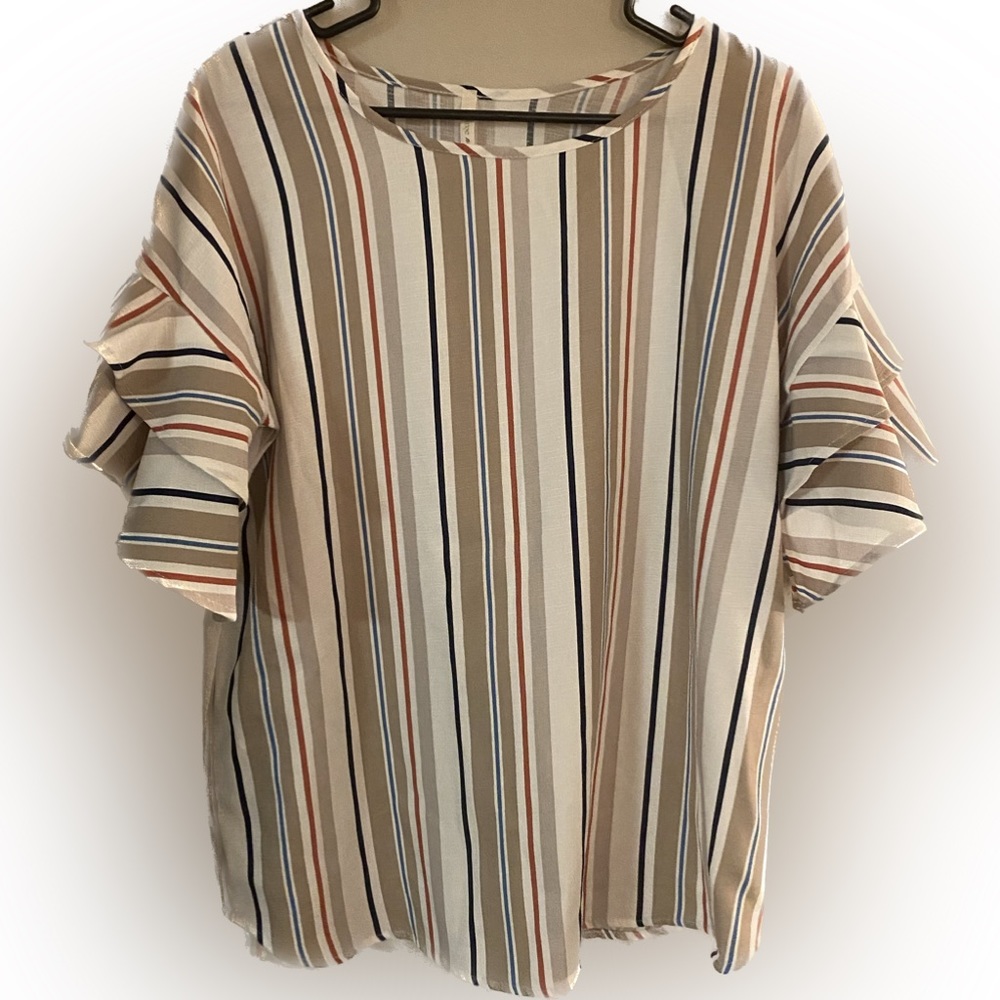 Lime n Chili Striped Women’s size Small Blouse Multi color, base color Tan